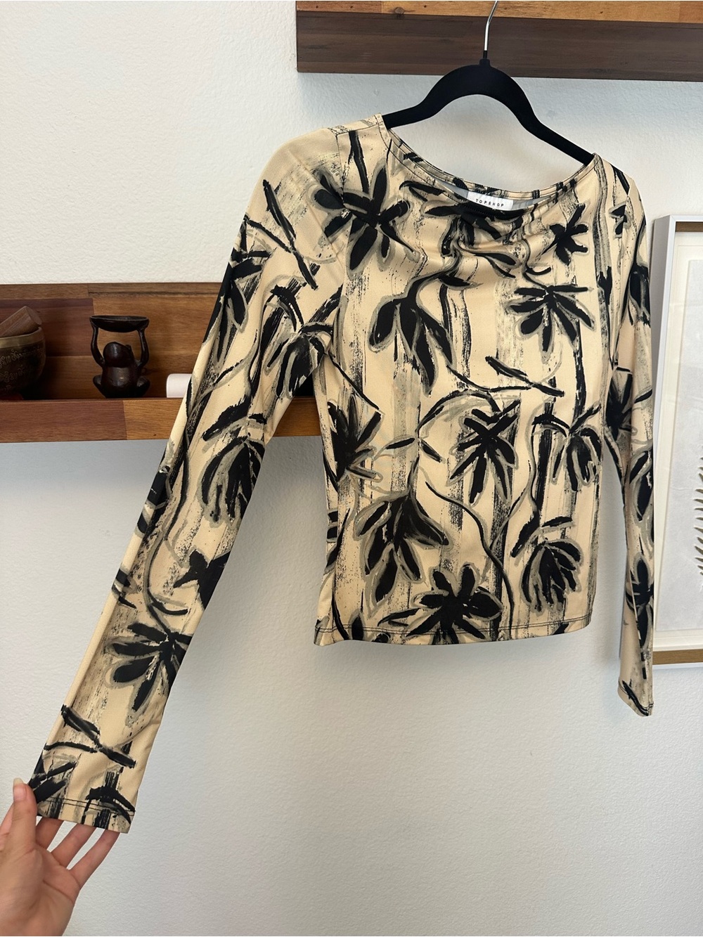Women's Long-Sleeve Top in Cream with Black Floral Print